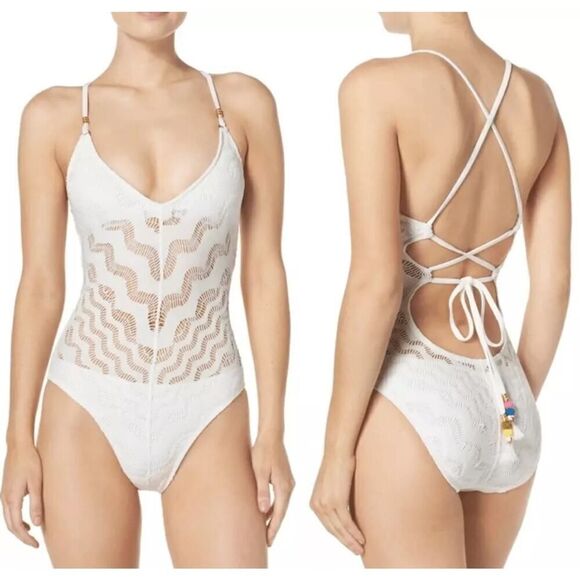 Robin Piccone Sophia White Lace One Piece Swimsuit NWT Sz. 14 - Picture 1 of 6
